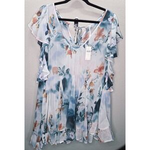 Anthropologie Sheer Floral Ruffle Tunic Blouse Watercolor Flowy Boho Size M NWT